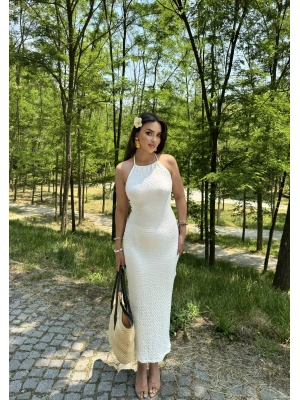 Beyaz Boyundan Bağlamalı Bürümcük Uzun Elbise