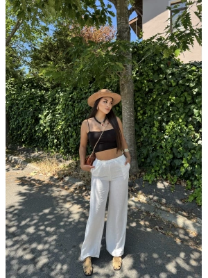 Beyaz Beli Lastikli Keten Pantolon