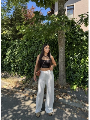 Beyaz Beli Lastikli Bürümcük Pantolon