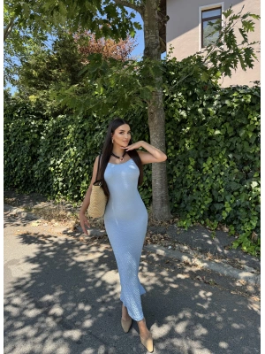 Mavi Uzun Askılı Bürümcük Elbise