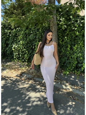 Pembe Uzun Askılı Bürümcük Elbise