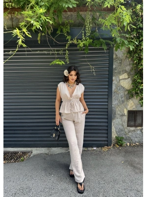 Bej Keten Bağlamalı Takım