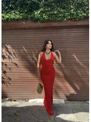 Kırmızı Boyundan Bağlanmalı Drapeli Uzun Elbise