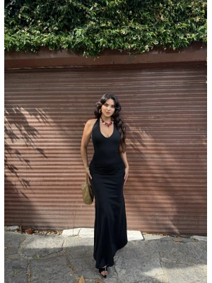 Siyah Boyundan Bağlamalı Drapeli Uzun Elbise