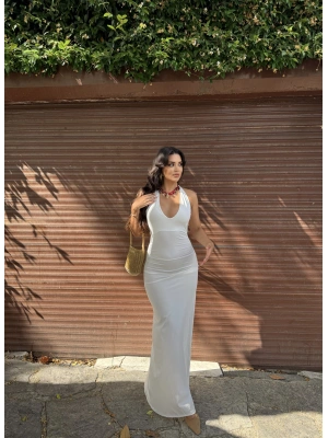 Beyaz Boyundan Bağlamalı Drapeli Uzun Elbise