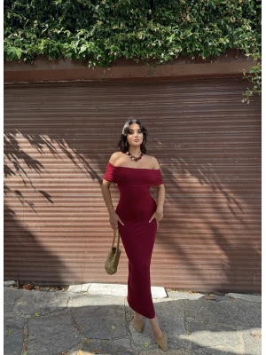 Bordo Madonna Yaka Uzun Elbise