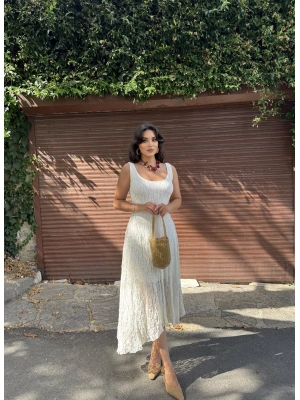 Beyaz Kalın Askılı Dantelli Elbise