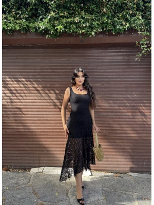 Siyah Kalın Askılı Dantelli Elbise