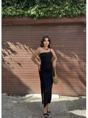 Siyah Tek Omuz Büzgü Detay Elbise