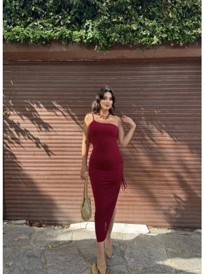 Bordo Tek Omuz Büzgü Detay Elbise