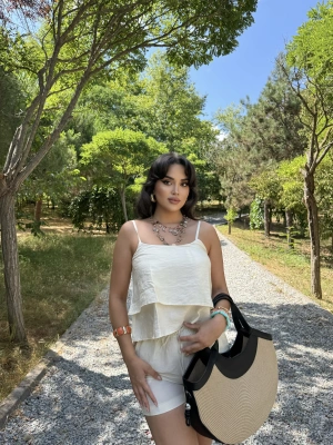 Taş Tensel Askılı Bluz Şort Takım