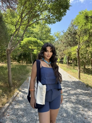 Lacivert Tensel  Askılı Bluz Şort Takım