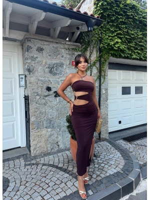 Kahverengi Bel Toka Detay Straplez Elbise