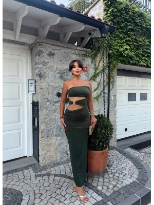 Haki Bel Toka Detay Straplez Elbise