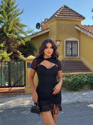 Siyah Tül Detay Büzgülü Tasarım Elbise