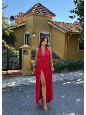 Kırmızı V Yaka Drapeli Yırtmaçlı Premium Elbise