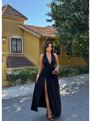 Siyah V Yaka Drapeli Yırtmaçlı Premium Elbise