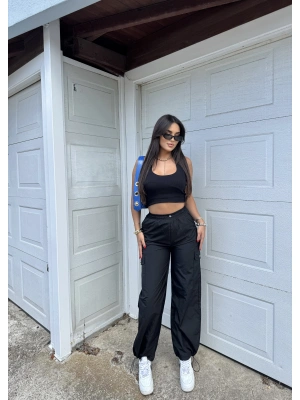 Siyah Paraşüt Kargo Cep Pantolon