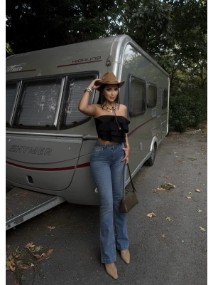 Mavi İspanyol Paça Yüksek Bel Jean