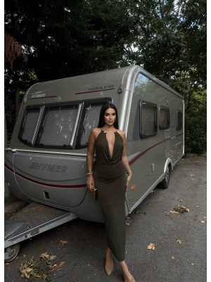 Haki Degaje Yaka Boyun Aksesuarlı Elbise