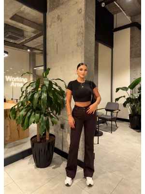 Kahverengi İspanyol Paça Yüksek Bel Jean