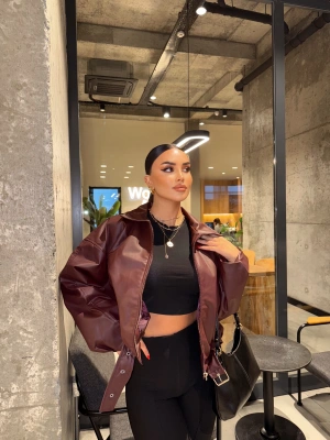 Bordo Kemer Detay Oversize Deri Ceket