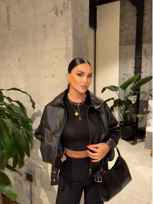 Siyah Kemer Detay Oversize Deri Ceket