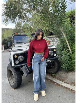 Mavi Şeritli Tokalı Baggy Jean