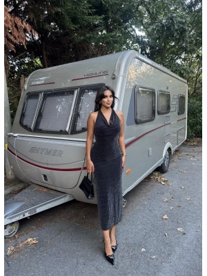 Degaje Yaka Simli Uzun Elbise