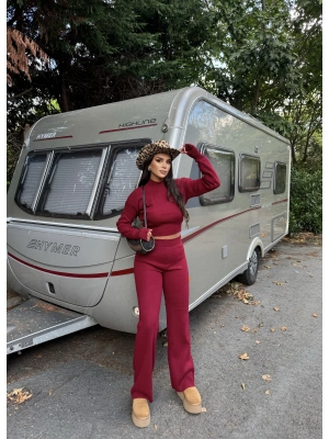 Bordo Parmak Geçirmeli Triko Takım