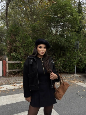 Siyah Cep Detay Premium Mont