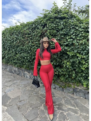 Kırmızı Balıkçı Yaka İspanyol Kol Crop Tayt Takım