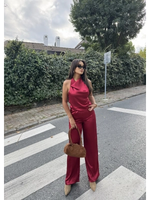 Bordo Saten Boyundan Geçirmeli Bluz Takım