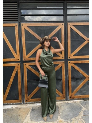 Haki Saten Boyundan Geçirmeli Bluz Takım