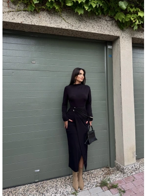 Siyah Bisiklet Yaka Bel Detay Uzun Elbise