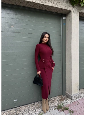 Bordo Bisiklet Yaka Bel Detay Uzun Elbise