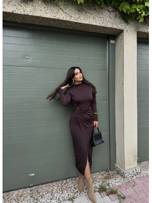 Kahverengi Bisiklet Yaka Bel Detay Uzun Elbise