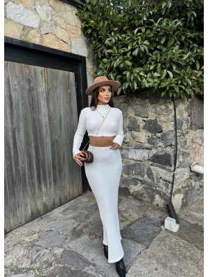 Beyaz Uzun Kol Gofre Etek Takım