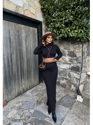 Siyah Uzun Kol Gofre Etek Takım