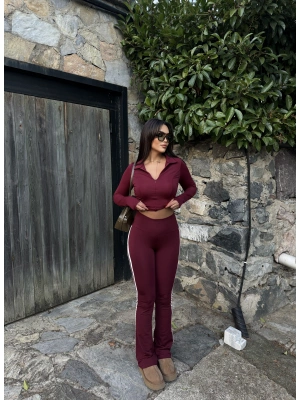 Bordo Şeritli Tayt Pantolon