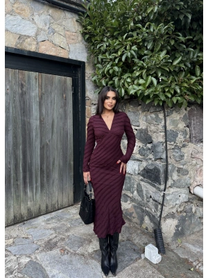 Mürdüm Fırfırlı Uzun Elbise