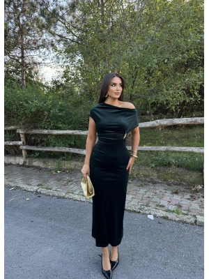 Zümrüt Yeşili Simli Kadife Omuz Detay Uzun Elbise