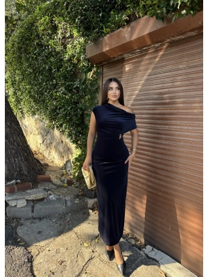 Lacivert Simli Kadife Omuz Detay Uzun Elbise