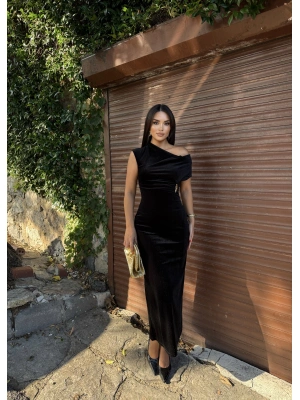 Siyah Simli Kadife Omuz Detay Uzun Elbise