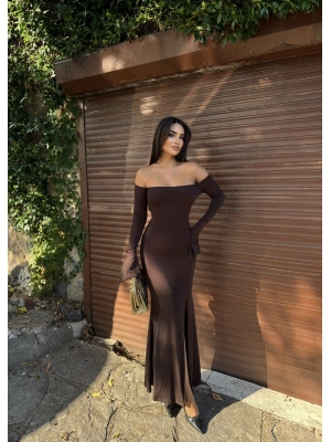 Kahverengi Sırt Bağlama Detay Uzun Elbise