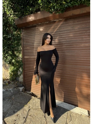 Siyah Sırt Bağlama Detay Uzun Elbise