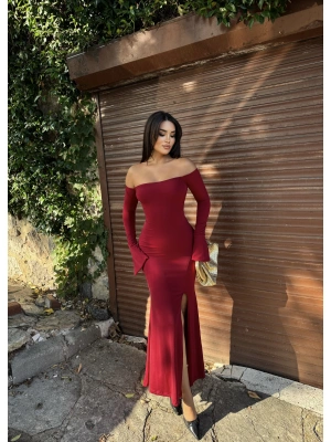 Bordo Sırt Bağlama Detay Uzun Elbise