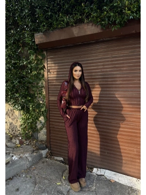 Mürdüm Kapüşonlu Dikiş Detay Alt Üst Takım