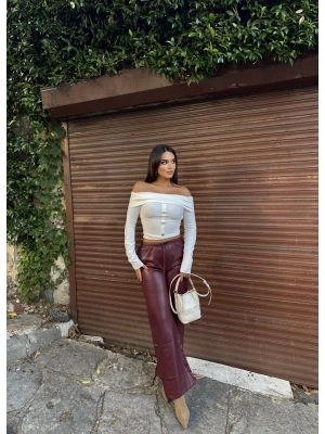 Bordo Şardonlu Deri Pantolon