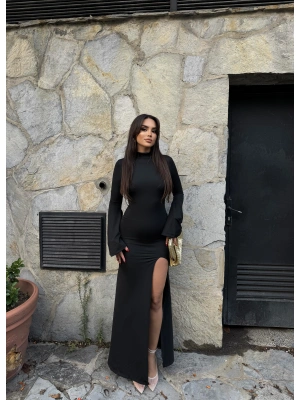 Siyah Sırt Detay İspanyol Kol Uzun Elbise